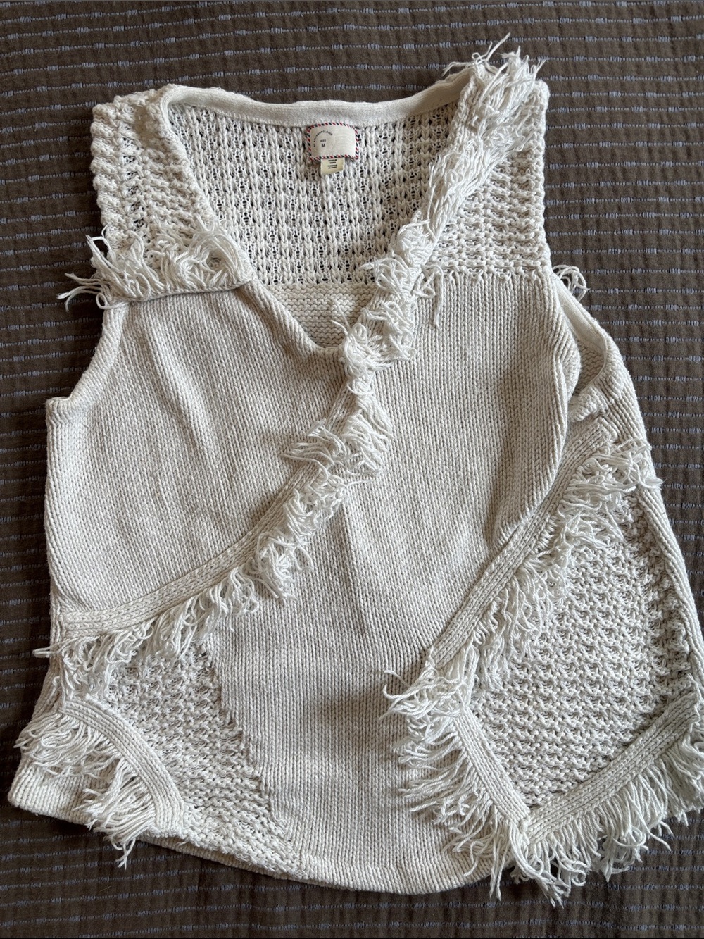 Anthropologie Ivory Cotton Silk Fringe Knit Sweater Vest Sleeveless Top Sz Med